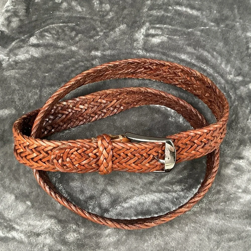 Vintage Men's Full Grain Cowhide Braided Leather Belt Brown Size 44 Adjustable